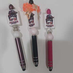 NEW Qty 3 Messy bun Autism Mom with bling beads Stylus pen 🖋️ and ballpoint pen